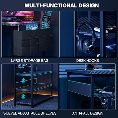 Acrolix L Shaped Gaming Desk 48 Inch - Computer Corner Desk with Power Outlets, Reversible Shelves & Storage Bag for Home Office, PC Gaming Table, Black Carbon