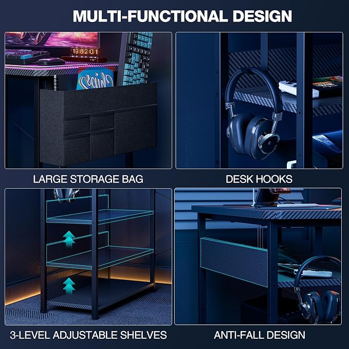 Acrolix L Shaped Gaming Desk 40 Inch - Computer Corner Desk with Power Outlets, Reversible Shelves & Storage Bag for Home Office, PC Gaming Table, Black Carbon