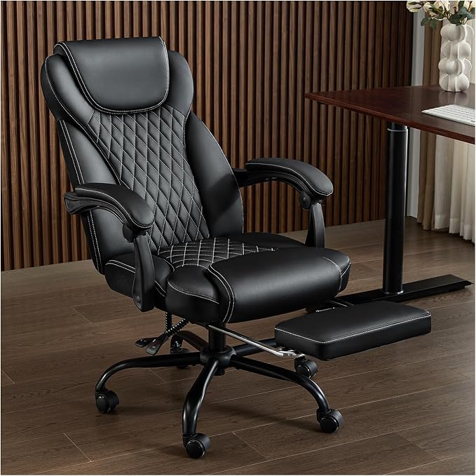 amseatec Big and Tall Office Chair with Footrest, Ergonomic Leather High Back Computer Chair Infinite Lock Reclining 90°-135°,20 Spring Packs,300lbs Executive Desk Chair for Home Office（Black）