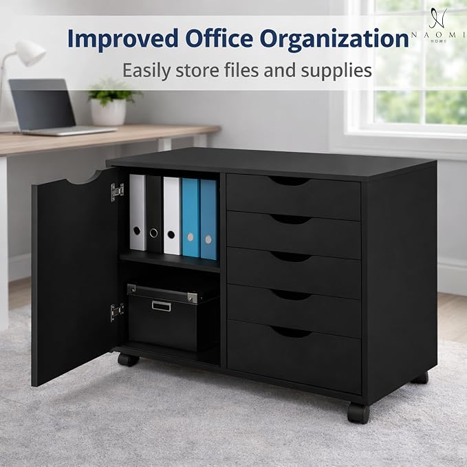 Naomi Home Under Desk Rolling Office File Cabinet with 5 Drawers & Side Storage Cabinet, Mobile Organizer with Shelves & Swivel Casters for Home Office - Black