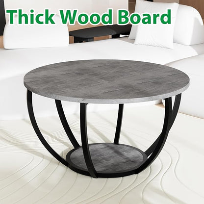 HOMERECOMMEND Round Coffee Table with Storage,2-Tier Wood Coffee Table for Living Room, Sofa Tables for Home Office,Grey