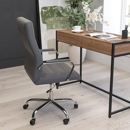 Merrick Lane Milano Contemporary High-Back Gray Faux Leather Home Office Chair with Padded Chrome Arms