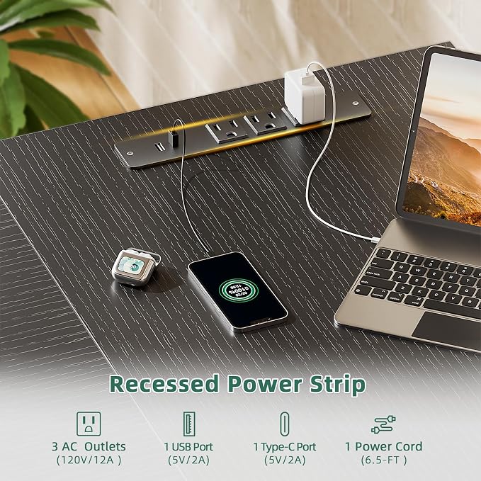 Furologee 63" L Shaped Desk with Power Outlets & USB-C Port, Reversible Corner Computer Desk with 3 Fabric Drawers, Hooks, Large Home Office Desk for Gaming, Writing, Work, Black