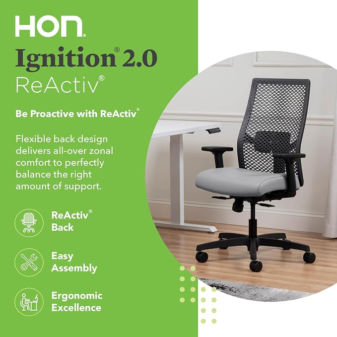 HON Ignition 2.0 ReActiv Ergonomic Office Chair, Mesh Desk Chair with Lumbar Support, Synchro‑Tilt Recline, Height and Width Adjustable Arms, Swivel Wheels, Black Frame, Steel