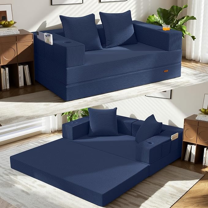 COMAX Futon Sofa Bed, 4‑in‑1 Convertible Sofa Bed, Folding Boneless Couches | Boneless Couch for living room, Fold Out Small Foldable Loveseat Floor Sleeper Mattress Lounge Space‑Saving, Navy Blue
