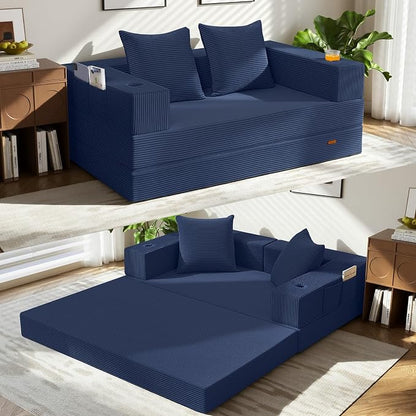 COMAX Futon Sofa Bed, 4‑in‑1 Convertible Sofa Bed, Folding Boneless Couches | Boneless Couch for living room, Fold Out Small Foldable Loveseat Floor Sleeper Mattress Lounge Space‑Saving, Navy Blue