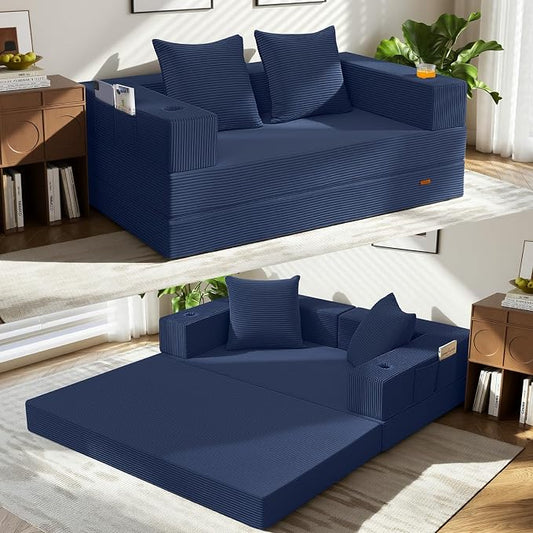 COMAX Futon Sofa Bed, 4‑in‑1 Convertible Sofa Bed, Folding Boneless Couches | Boneless Couch for living room, Fold Out Small Foldable Loveseat Floor Sleeper Mattress Lounge Space‑Saving, Navy Blue
