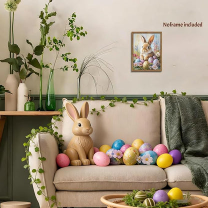 Easter Bunny Wall Art Poster, Cute Bunny with Eggs Picture Prints, Vintage Cottage Holiday Theme Canvas Artwork, Modern Farmhouse Wall Decor for Kids Room Bedroom Living Room 12x16in Unframed