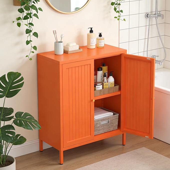 Metal Accent Storage Cabinet for Home,LivingRoom, Office,Kitchen- Metal Locker Cabinet with 1 Adjustable Shelves-Bathroom Floor Storage Cabinet Freestanding Organizer (Stripe Door, Orange)