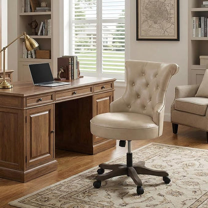 HUIMO Home Office Chair Upholstered PU Leather Armless Desk Chair with Wheels Adjustable Height Computer Desk Chair with Wooden Legs Comfortable Swivel Chair for Home Office Study Studio (Light Taupe)