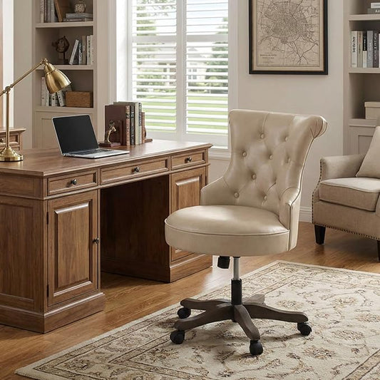 HUIMO Home Office Chair Upholstered PU Leather Armless Desk Chair with Wheels Adjustable Height Computer Desk Chair with Wooden Legs Comfortable Swivel Chair for Home Office Study Studio (Light Taupe)