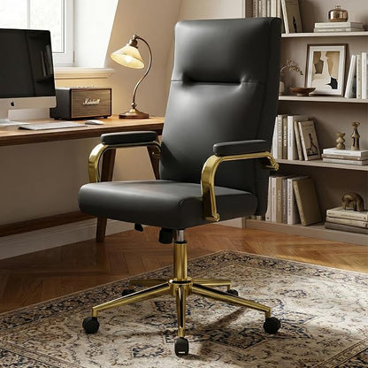 Black and Gold Office Desk Chair Memory Foam, High Back Leather Executive Office Chair with Wheels and Arms for Women Girls Teens Adults