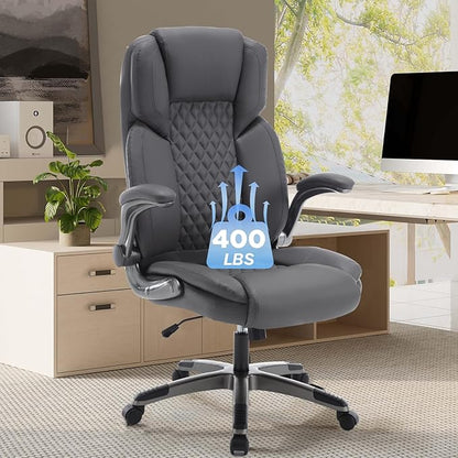 Executive Office Chair with Flip up Arms, Ergonomic PU Leather Office Chairs with Wheels, 90-120° Rocking High Back Office Desk Chair with Lumbar Support, Swivel Task Chairs(Grey)
