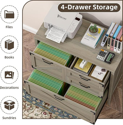 Wood Lateral File Cabinet with 4-Drawer for Hanging Files Letter/A4/Legal Size, Large Farmhouse Filing Cabinets for Home Office, Printer Stand with Office Cabinet, Office Furniture, Rustic Grey