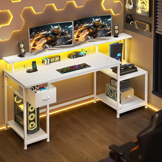 White Office Desk with 55" Long Monitor Stand and 18" Ample Printer Space, Computer Desk With RGB Lights and 3 AC Power Outlets, Zoned Storage Drawer and File Shelves, Study Desk, Writing Desk
