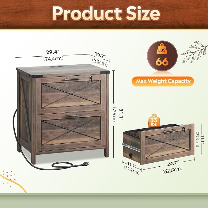 DEVAISE Lateral File Cabinet with Lock, 2 Drawers & Charging Station, Farmhouse Wood Printer Stand with Large Storage, Fits A4/Letter/Legal Hanging Files, Dark Brown