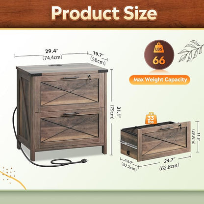 DEVAISE Lateral File Cabinet with Lock, 2 Drawers & Charging Station, Farmhouse Wood Printer Stand with Large Storage, Fits A4/Letter/Legal Hanging Files, Dark Brown