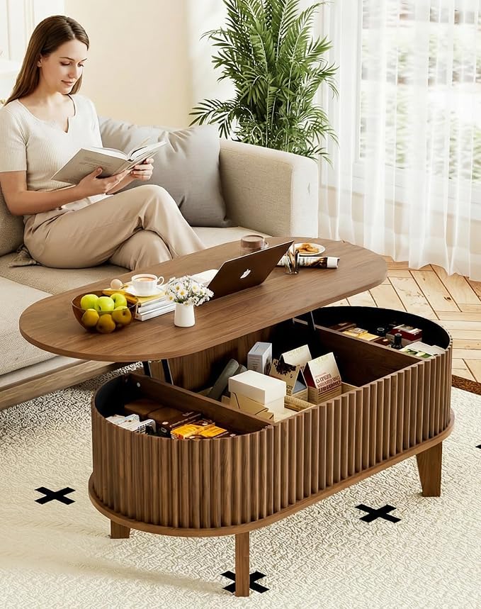 Oval Lift Top Coffee Table with Storage, 41" Wood Fluted Modern Living Room Center Table for Home Office, Walnut