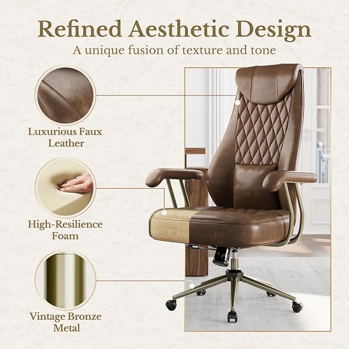 High Back Executive Office Chair, Ergonomic PU Leather Desk Chair with Integrated Headrest, Lumbar Support & Recline Function, Adjustable Swivel Computer Chair for Home Office, Brown