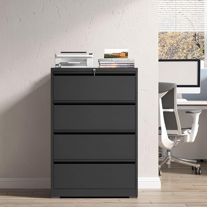 4 Drawer File Cabinet with Lock, Black Metal Lateral Filing Cabinets for Home Office, Heavy Duty Steel Horizontal Locking Storage Cabinet for Legal/Letter/A4 Size File, Assembly Required