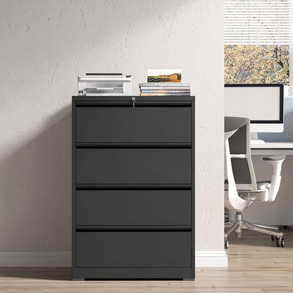 4 Drawer File Cabinet with Lock, Black Metal Lateral Filing Cabinets for Home Office, Heavy Duty Steel Horizontal Locking Storage Cabinet for Legal/Letter/A4 Size File, Assembly Required