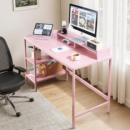 MINOSYS 47-inch Computer Desk with Storage Shelf - Ideal Gaming Desk for Bedrooms, Small Spaces, and Home Offices Modern Writing Desk for PCs,Pink Table.