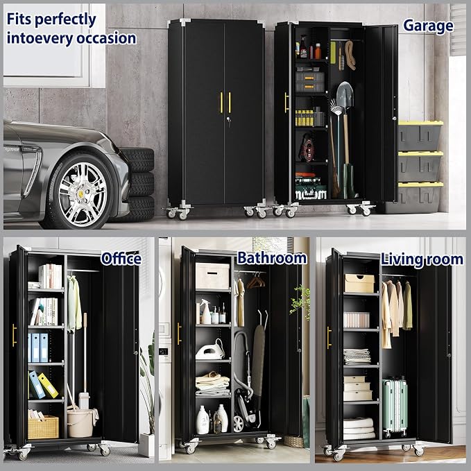 erosoei 71" Broom Storage Cabinet, Cleaning Tool Storage Cabinet, Garage Utility Storage with Hooks and Hanging Rods, Heavy Duty Garden Tool Organizer, for Home, Garage, Laundry Room, Gym, Workshop.