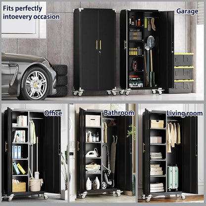 erosoei 71" Broom Storage Cabinet, Cleaning Tool Storage Cabinet, Garage Utility Storage with Hooks and Hanging Rods, Heavy Duty Garden Tool Organizer, for Home, Garage, Laundry Room, Gym, Workshop.