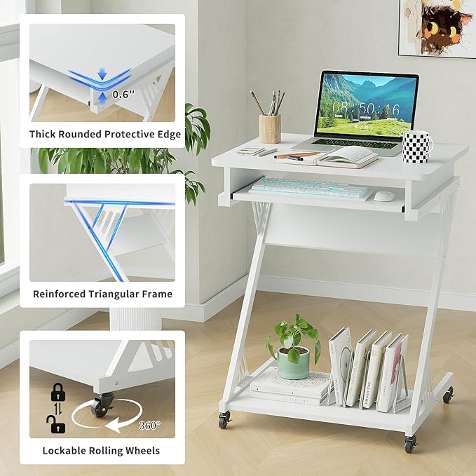 ALISENED 2 Tier Computer Desk with Keyboard Tray, 23.6" Home Office Desk Computer Workstation Rolling Study PC Laptop Table for Small Spaces,Z-Shaped Small Compact Study Table,White