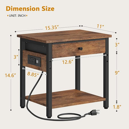 Gewudraw Printer Stand with Charging Station, 2-Tier Under Desk Printer Table, Side Table with Storage Shelves for Home Office, Living Room, Bedroom, Bathroom, Brown