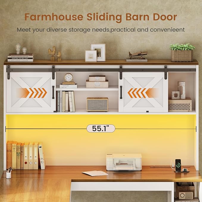 SEDETA 67" Farmhouse L Shaped Desk with Hutch, Home Office Desks with Drawers & Sliding Doors, Corner Computer Desk with Storage Shelves & Power Outlets, Executive Desk with LED Lights, White+Brown