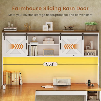 SEDETA 67" Farmhouse L Shaped Desk with Hutch, Home Office Desks with Drawers & Sliding Doors, Corner Computer Desk with Storage Shelves & Power Outlets, Executive Desk with LED Lights, White+Brown