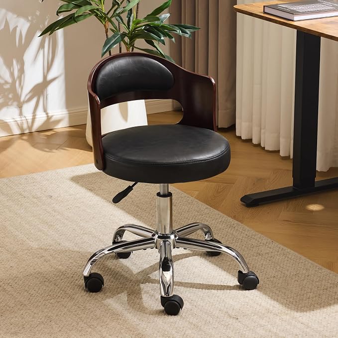 VINGLI Armless Home Office Desk Chair, Adjustable Swivel Chair,Dual-Use with/no Wheels,Small Retro Designed Walnut Curved Task Chair,Cushioned Nail Tech Chair for Study Area,Workspace,PU,Black