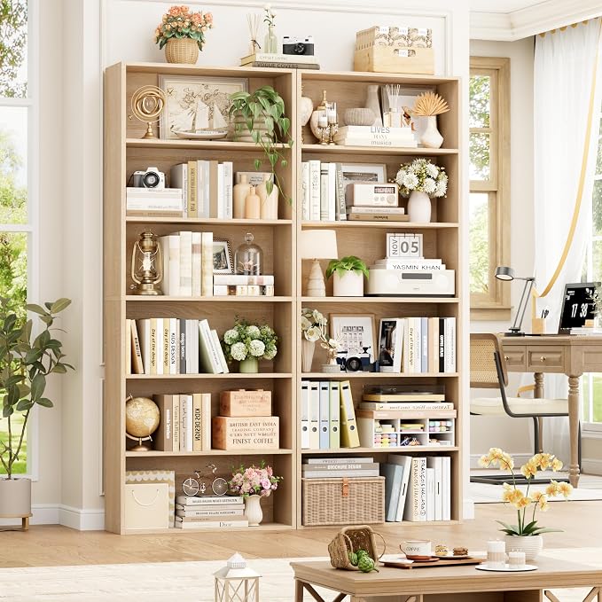FOTOSOK 6-Tier Open Bookcase and Bookshelf, Freestanding Display Storage Shelves Tall Bookcase for Bedroom, Living Room and Office,Light Oak Set of 2