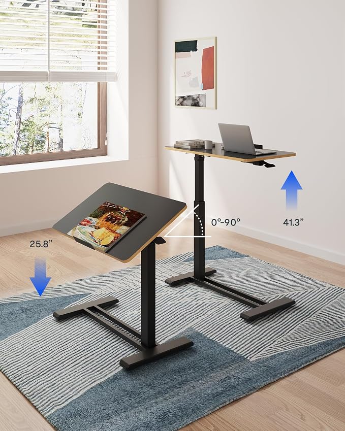 FLEXISPOT H7 PRO Mobile Standing Desk Adjustable Overbed Table Pneumatic with Wheels 90°Tiltable Portable Laptop Desk Rolling Computer Cart Foldable Bedside Table(27.6" W x 15.7" D, Black Maple)