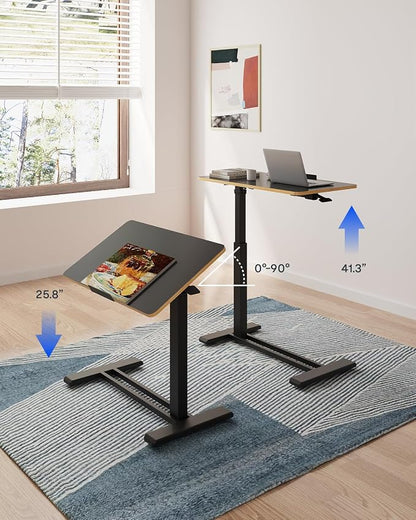 FLEXISPOT H7 PRO Mobile Standing Desk Adjustable Overbed Table Pneumatic with Wheels 90°Tiltable Portable Laptop Desk Rolling Computer Cart Foldable Bedside Table(27.6" W x 15.7" D, Black Maple)