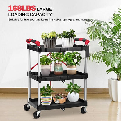 Garvee Collapsible Cart with Wheels, Service Cart, Rolling Carts with Wheels Foldable, 3 Tier Rolling Utility Cart, Folding Utility Shopping Cart for Bar, Kitchen, Office, Shopping, Garage