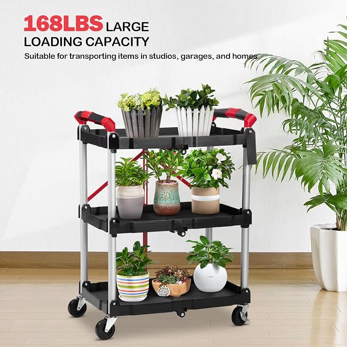 Folding Utility Service Cart, Collapsible Cart with Wheels, 3 Tier Rolling Utility Cart, Folding Cart with Wheels Collapsible, Service Cart for Tool, Grocery, Bar, Garage, Kitchen, Office