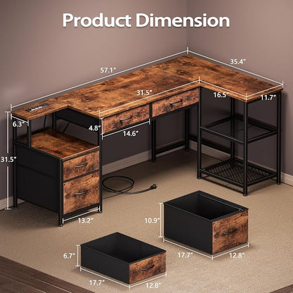 Korfile 57 Inch L Shaped Computer Desk with Power Outlets, Reversible Home Office Desk with 4 Fabric Drawers & 2 Adjustable Mesh Shelves, Corner Study Work Desk with Larger Storage, Rustic Brown