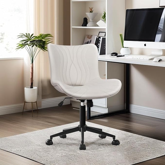 Armless Office Chair, Height Adjustable Desk Chair with Wheels, Ergonomic Comfy 360° Swivel Home Office Computer Task Chair, Faux Leather Padded Cute Vanity Chair, White