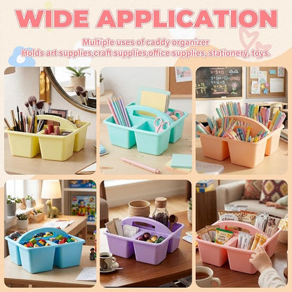 Kathfly 6 Pack Classroom Caddy Organizer with Handle, Plastic Art Craft Cleaning Caddy Bulk, Small Multipurpose Supply Organization Storage Basket for Table Desk Office Pencil Teacher (Macaron Color)