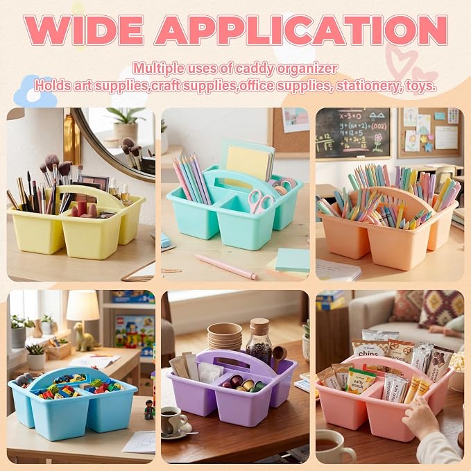 Kathfly 12 Pack Classroom Caddy Organizer with Handle, Plastic Art Craft Cleaning Caddy Bulk, Small Multipurpose Supply Organization Storage Basket for Table Desk Office Pencil Teacher (Macaron Color)