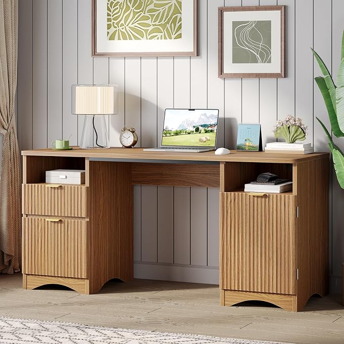Bestier 59 inch Computer Desk with 2 Drawers, Office Desk with Storage File Cabinet and 2 Open Storage Shelves, Modern Fluted Executive Desk for Home Office Bedroom, Brown Oak