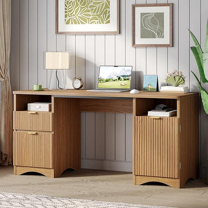 Bestier 59 inch Computer Desk with 2 Drawers, Office Desk with Storage File Cabinet and 2 Open Storage Shelves, Modern Fluted Executive Desk for Home Office Bedroom, Brown Oak