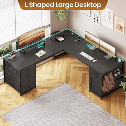 SEDETA L Shaped Desk, 63'' Corner Desk with 5 Drawer & Power Outlet, Larger Home Office Desk or Gaming Desk, L Shaped Corner Desk with Monitor Shelf, Storage Cabinet, Black