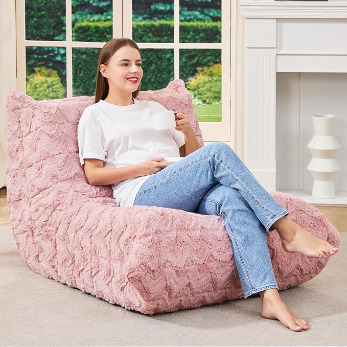 Hobestluk Adults Bean Bag Chair Faux Fur BeanBag Couch for Living Room | Pink Chevron,Ergonomic Design,Memory Foam,UltraSoft,Anti-slip Bottom,No Assembly Required,Decorative Style for Living Room