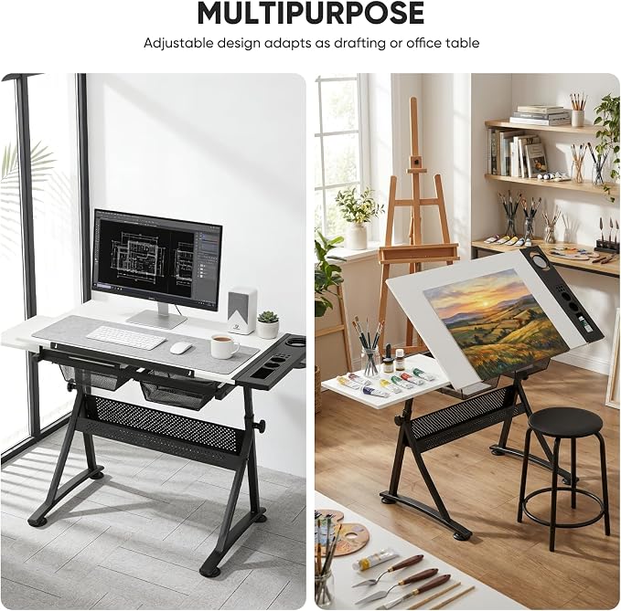 Magshion Professional Drafting Table for Adults w/Stool, Tilting Wooden Tabletop & Adjustable Height, Art Craft Desk Watercolor Paintings Sketching Work Station for Studio Home Office School (White)