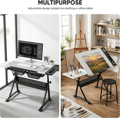 Magshion Professional Drafting Table for Adults w/Stool, Tilting Wooden Tabletop & Adjustable Height, Art Craft Desk Watercolor Paintings Sketching Work Station for Studio Home Office School (White)