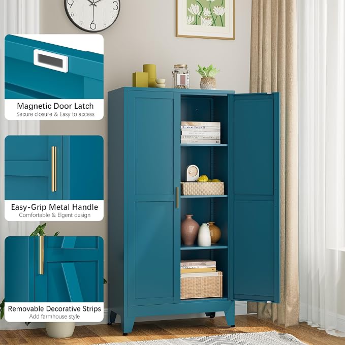 Bevivog Bathroom Storage Cabinet Freestanding, 61" Tall Metal Cabinets with Doors and Shelves, Blue Metal Pantry Cabinet for Kitchen, Living Room, Home Office