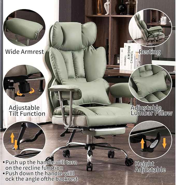 Efomao Big and Tall Office Chair 400lbs - Executive Office Chairs with Footrest, Heavy-Duty PU Leather Computer Chair for Heavy People, Light Green Home Office Desk Chairs | 400lbs support, 135° recline, dual-layer foam cushion, 23.5" seat & footrest. ...